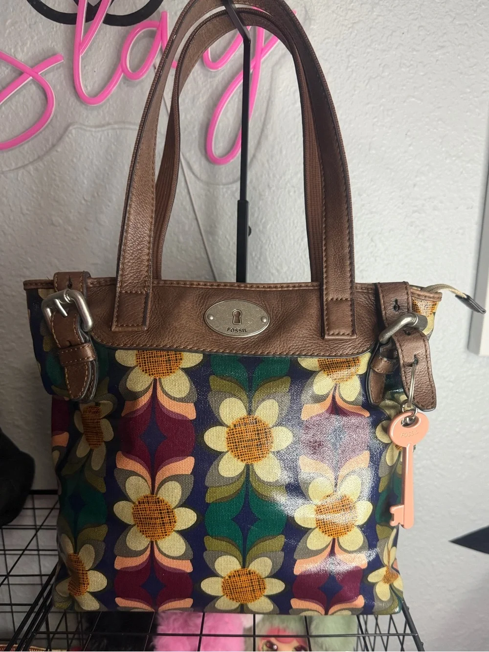 Fossil Key-Per Floral Coated Canvas Tote Purse Vintage Y2K Boho Handbag